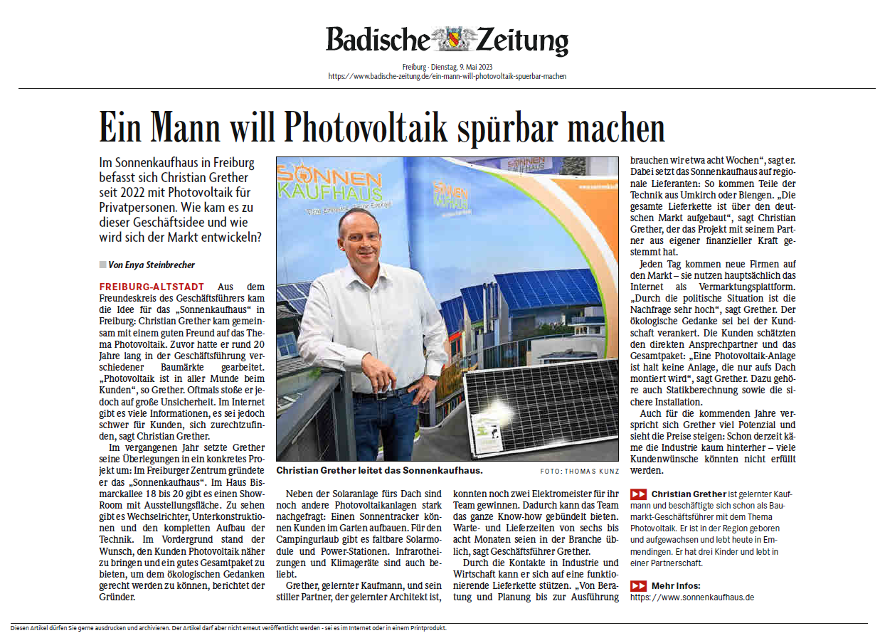 Badische Zeitung Sonnenkaufhaus mach Photovoltaik spürbar
