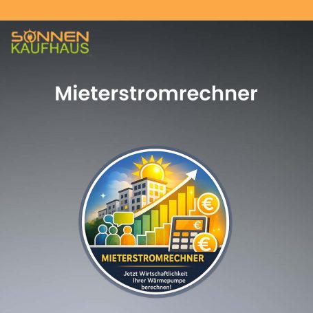 Mieterstromrechner-Logo mit Sonne, Gebäude und Grafiken für Kostenberechnung.