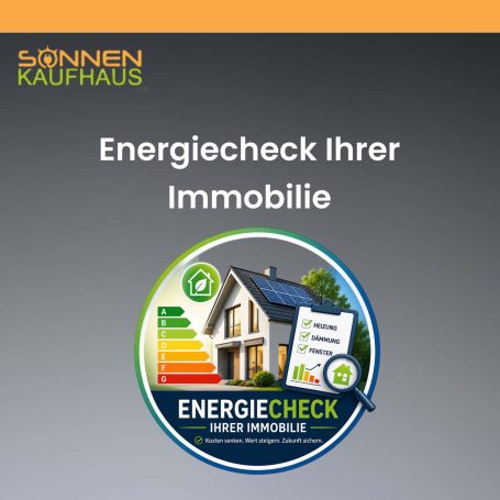 Energiecheck für Immobilien mit einem Grafiksymbol und einem Haus im Hintergrund.