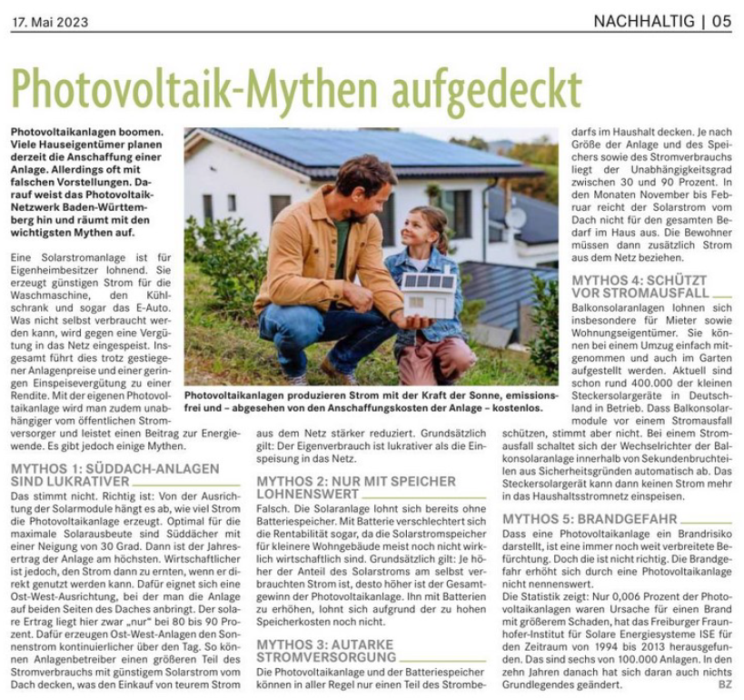 Photovoltaik Mythen aufgedeckt aus der Badischen Zeitung