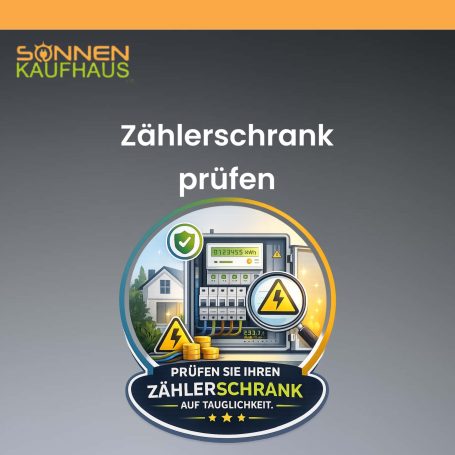 Grafik mit dem Text "Zählerschrank prüfen" und Sicherheitswarnsymbolen.